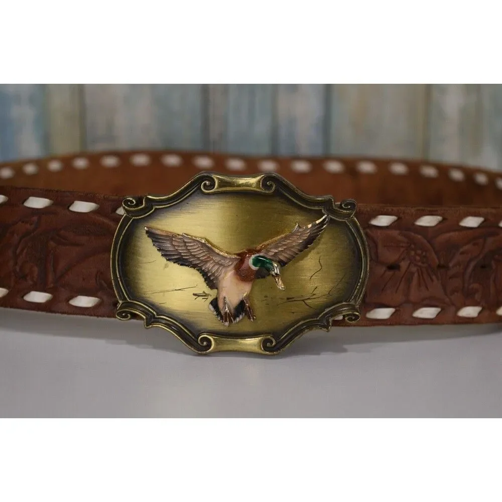 Vintage Raintree Mallard Duck Belt Buckle 1980 With Brown Leather Belt (34)
